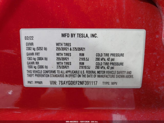 Продажа на аукционе авто 2022 Tesla Model Y Performance Dual Motor All-wheel Drive, vin: 7SAYGDEF2NF391117, номер лота: 46028632