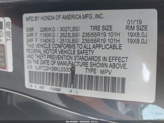 46028651 :رقم المزاد ، 5J8TC2H38KL033023 vin ، 2019 Acura Rdx Standard مزاد بيع