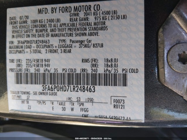 Aukcja sprzedaży 2020 Ford Fusion Se, vin: 3FA6P0HD7LR248463, numer aukcji: 46028671