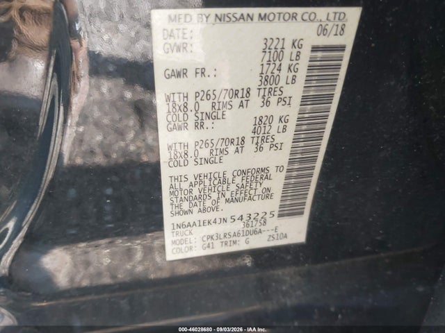 46028680 :رقم المزاد ، 1N6AA1EK4JN543225 vin ، 2018 Nissan Titan S مزاد بيع