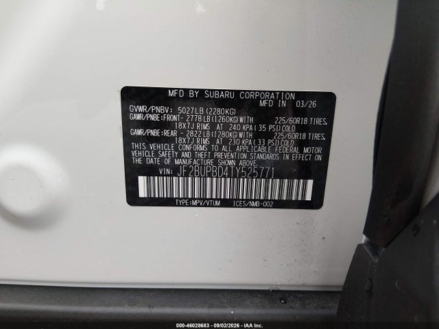 2026 Subaru Outback Premium მანქანა იყიდება აუქციონზე, vin: JF2BUPBD4TY525771, აუქციონის ნომერი: 46028683