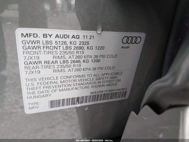 46028687 :رقم المزاد ، WA1DECF38N1060951 vin ، 2022 Audi Q3 Premium 45 Tfsi S Line Quattro Tiptronic مزاد بيع