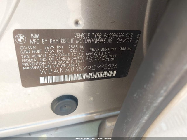 46028695 :رقم المزاد ، WBAKA835X9CY35026 vin ، 2009 Bmw 750i مزاد بيع