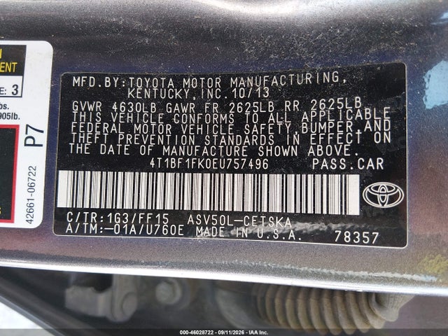 Продажа на аукционе авто 2014 Toyota Camry Se, vin: 4T1BF1FK0EU757496, номер лота: 46028722