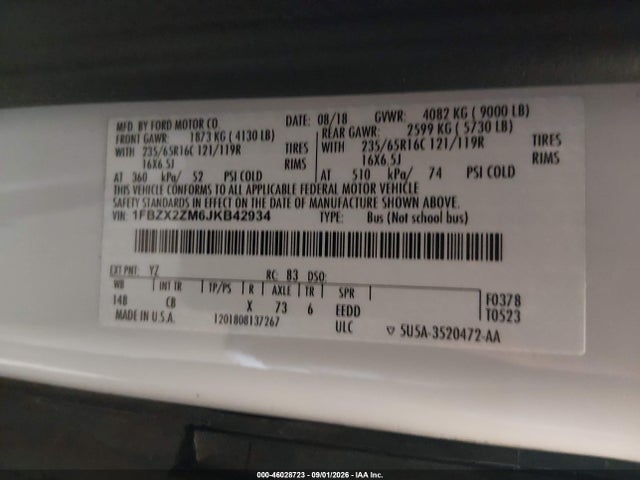 Продажа на аукционе авто 2018 Ford Transit-350 Xl, vin: 1FBZX2ZM6JKB42934, номер лота: 46028723