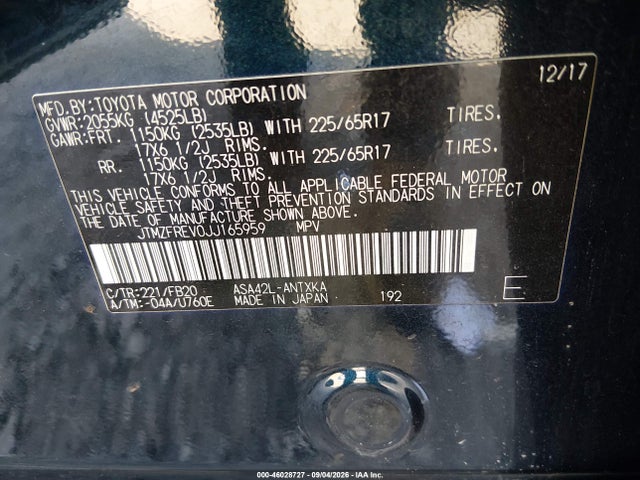 2018 Toyota Rav4 Le მანქანა იყიდება აუქციონზე, vin: JTMZFREV0JJ165959, აუქციონის ნომერი: 46028727