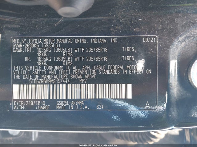 46028729 :رقم المزاد ، 5TDGZRBH9MS157444 vin ، 2021 Toyota Highlander Xle مزاد بيع