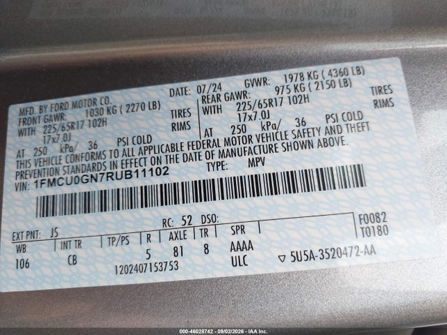 Aukcja sprzedaży 2024 Ford Escape Active, vin: 1FMCU0GN7RUB11102, numer aukcji: 46028742