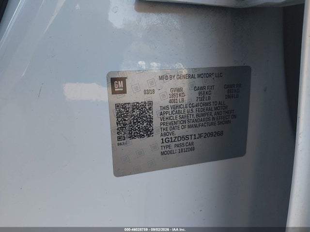 2018 Chevrolet Malibu Lt მანქანა იყიდება აუქციონზე, vin: 1G1ZD5ST1JF209268, აუქციონის ნომერი: 46028759