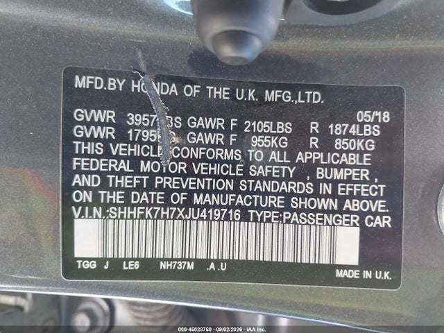 Продаж на аукціоні авто 2018 Honda Civic Ex-l, vin: SHHFK7H7XJU419716, номер лоту: 46028760