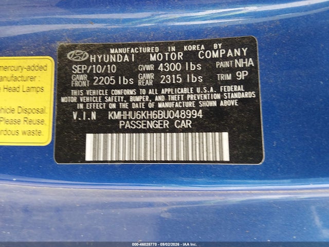 2011 Hyundai Genesis 3.8 Track მანქანა იყიდება აუქციონზე, vin: KMHHU6KH6BU048994, აუქციონის ნომერი: 46028770