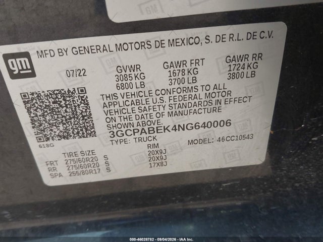 2022 Chevrolet Silverado 1500 2wd  Short Bed Custom მანქანა იყიდება აუქციონზე, vin: 3GCPABEK4NG640006, აუქციონის ნომერი: 46028782