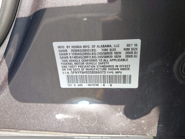 Auction sale of the 2016 Honda Pilot Touring, vin: 5FNYF6H92GB066973, lot number: 46028803