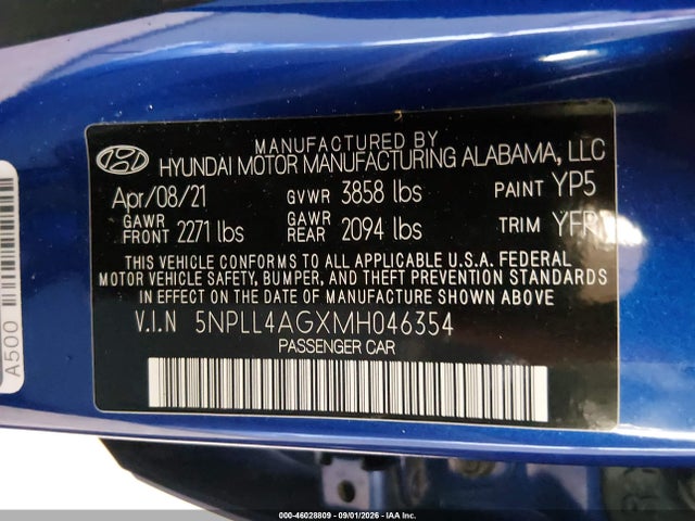 46028809 :رقم المزاد ، 5NPLL4AGXMH046354 vin ، 2021 Hyundai Elantra Se مزاد بيع
