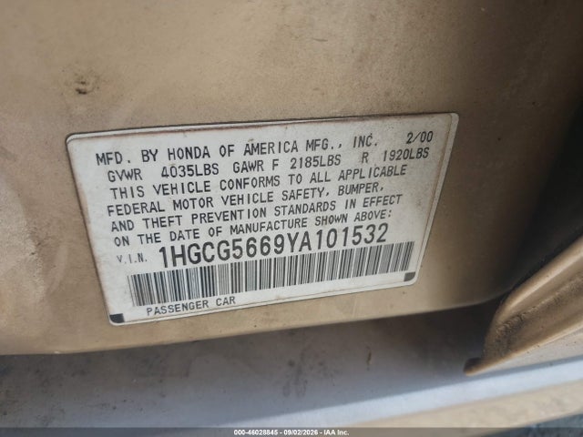 46028845 :رقم المزاد ، 1HGCG5669YA101532 vin ، 2000 Honda Accord 2.3 Ex مزاد بيع