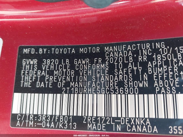 Продаж на аукціоні авто 2016 Toyota Corolla Le, vin: 2T1BURHE5GC536900, номер лоту: 46028851