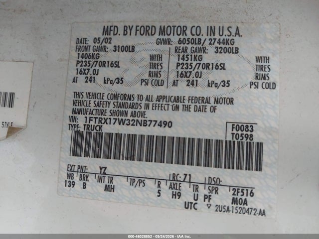 Продажа на аукционе авто 2002 Ford F-150 Lariat/xl/xlt, vin: 1FTRX17W32NB77490, номер лота: 46028852
