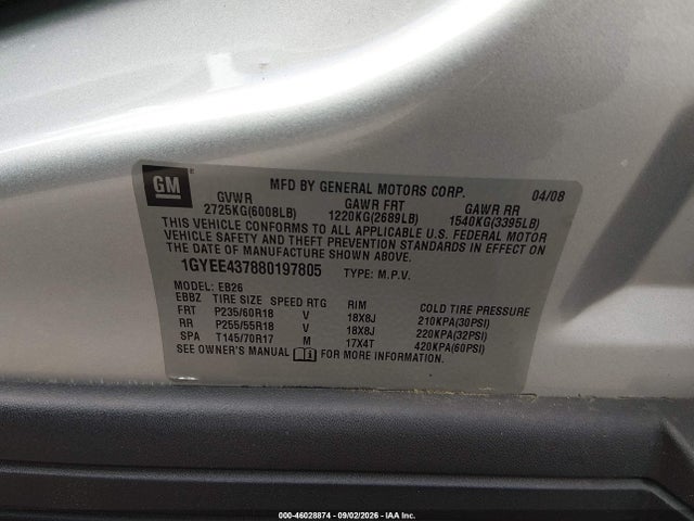 Продаж на аукціоні авто 2008 Cadillac Srx V6, vin: 1GYEE437880197805, номер лоту: 46028874