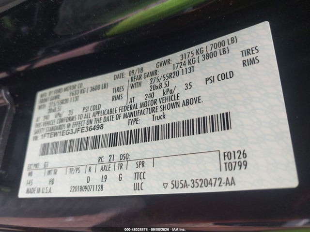 2018 Ford F-150 Lariat მანქანა იყიდება აუქციონზე, vin: 1FTEW1EG3JFE36498, აუქციონის ნომერი: 46028878