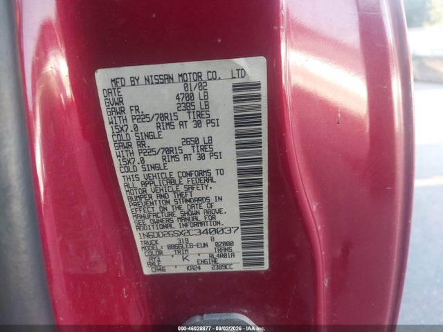 46028877 :رقم المزاد ، 1N6DD26SX2C340037 vin ، 2002 Nissan Frontier Xe مزاد بيع