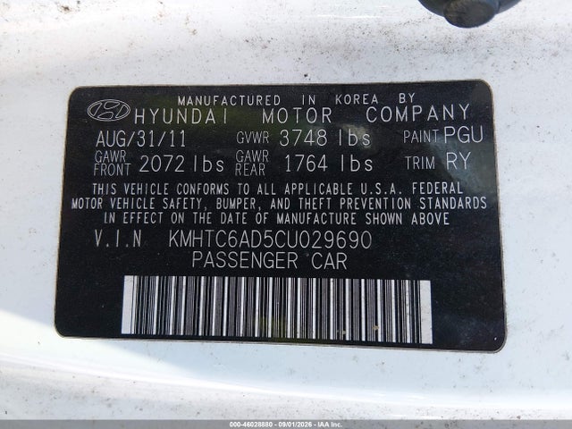 Aukcja sprzedaży 2012 Hyundai Veloster Base W/gray, vin: KMHTC6AD5CU029690, numer aukcji: 46028880