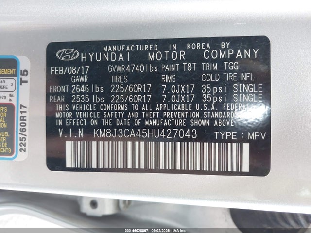 Aukcja sprzedaży 2017 Hyundai Tucson Se, vin: KM8J3CA45HU427043, numer aukcji: 46028897