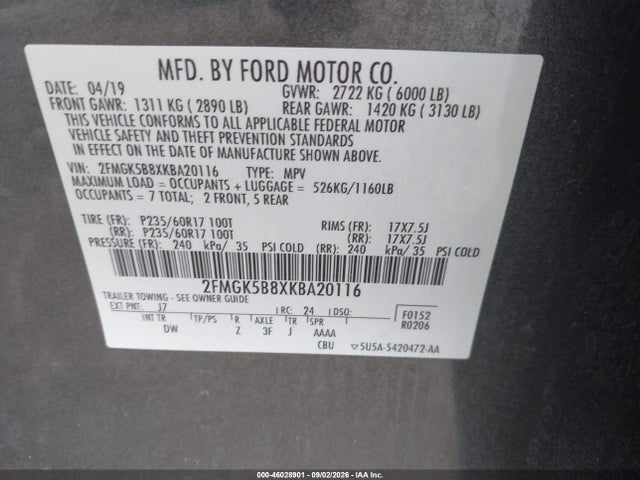 46028901 :رقم المزاد ، 2FMGK5B8XKBA20116 vin ، 2019 Ford Flex Se مزاد بيع