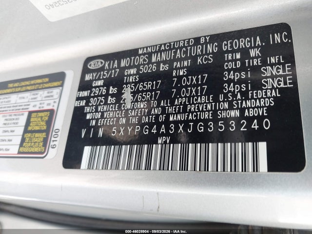 46028904 :رقم المزاد ، 5XYPG4A3XJG353240 vin ، 2018 Kia Sorento 2.4l Lx مزاد بيع