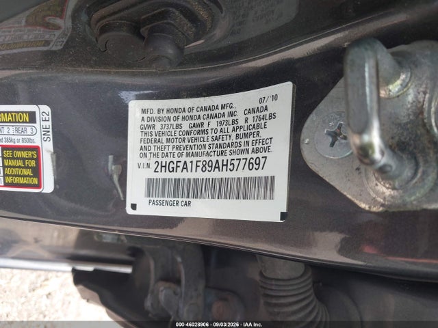 2010 Honda Civic Ex მანქანა იყიდება აუქციონზე, vin: 2HGFA1F89AH577697, აუქციონის ნომერი: 46028906