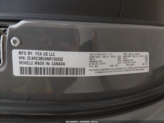 46028915 :رقم المزاد ، 2C4RC3BG8NR135332 vin ، 2022 Chrysler Pacifica Touring L Awd مزاد بيع