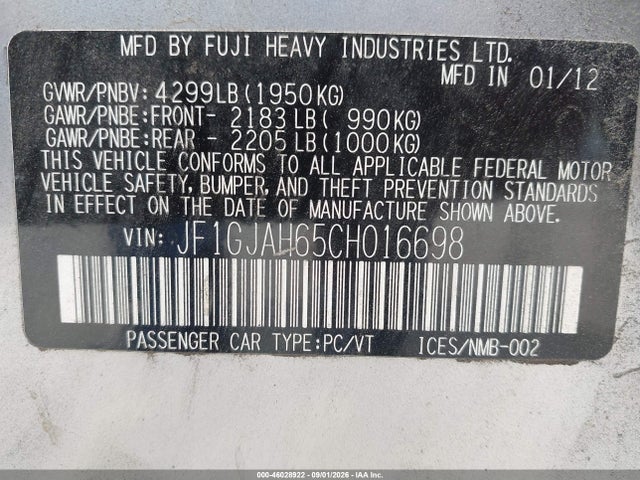 2012 Subaru Impreza 2.0i Limited მანქანა იყიდება აუქციონზე, vin: JF1GJAH65CH016698, აუქციონის ნომერი: 46028922