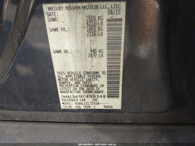 46028923 :رقم المزاد ، 1N4AL3AP3FC499348 vin ، 2015 Nissan Altima 2.5/2.5 S/2.5 Sl/2.5 Sv مزاد بيع