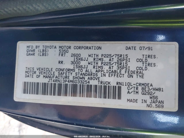 46028928 :رقم المزاد ، JT4RN13P4M6033254 vin ، 1991 Toyota Pickup 1/2 Ton Ex Lng Whlbse Dlx مزاد بيع