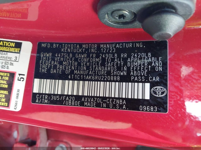 2024 Toyota Camry Le მანქანა იყიდება აუქციონზე, vin: 4T1C11AK6RU220888, აუქციონის ნომერი: 46028942
