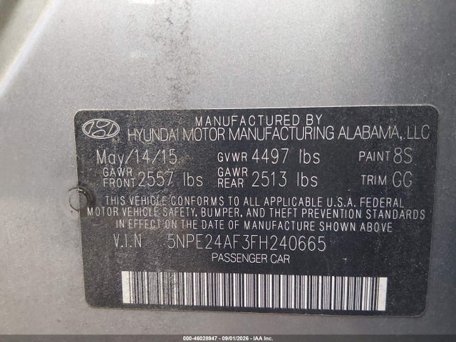 2015 Hyundai Sonata Se მანქანა იყიდება აუქციონზე, vin: 5NPE24AF3FH240665, აუქციონის ნომერი: 46028947