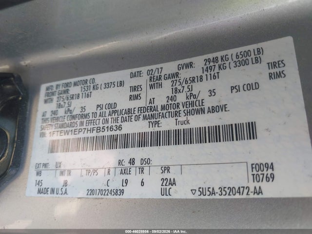 46028956 :رقم المزاد ، 1FTEW1EP7HFB51636 vin ، 2017 Ford F-150 Xlt مزاد بيع