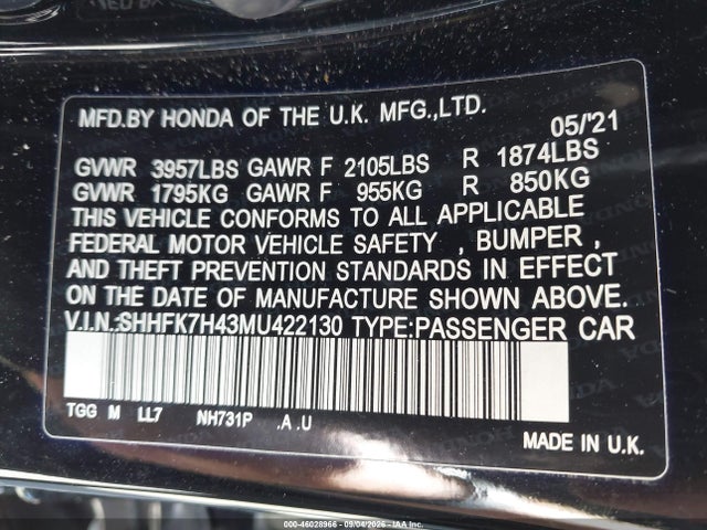 46028966 :رقم المزاد ، SHHFK7H43MU422130 vin ، 2021 Honda Civic Sport مزاد بيع