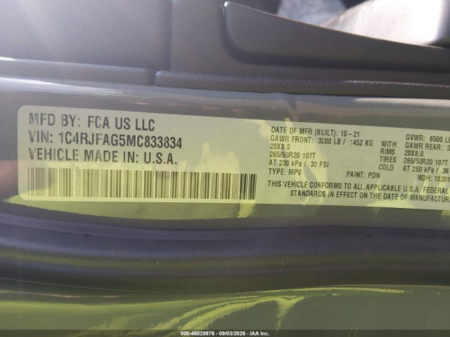 46028976 :رقم المزاد ، 1C4RJFAG5MC833834 vin ، 2021 Jeep Grand Cherokee Laredo X 4x4 مزاد بيع