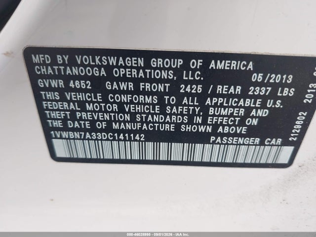 2013 Volkswagen Passat 2.0l Tdi Se მანქანა იყიდება აუქციონზე, vin: 1VWBN7A33DC141142, აუქციონის ნომერი: 46028995
