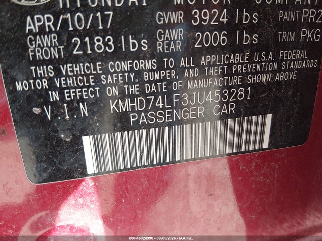 Продаж на аукціоні авто 2018 Hyundai Elantra Se, vin: KMHD74LF3JU453281, номер лоту: 46028998