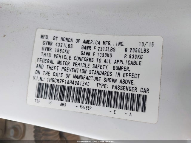 1HGCR2F18HA081240 Honda Accord Sport Se