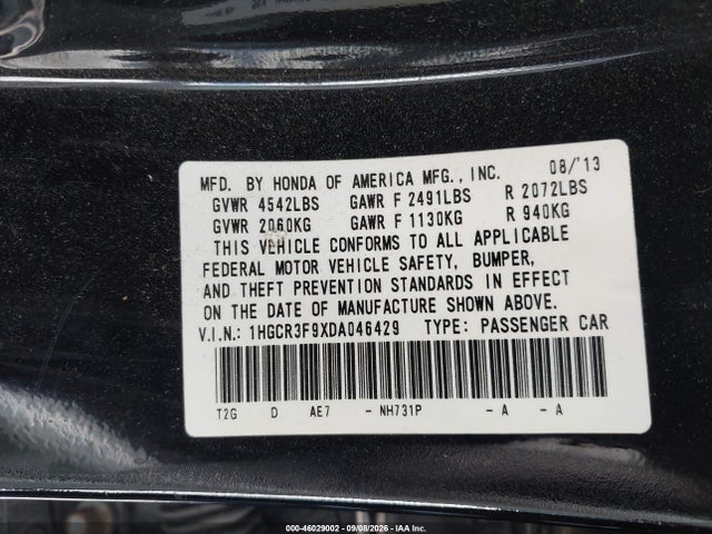 Продажа на аукционе авто 2013 Honda Accord Touring, vin: 1HGCR3F9XDA046429, номер лота: 46029002