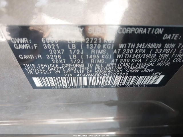 Продажа на аукционе авто 2022 Subaru Ascent Touring, vin: 4S4WMARD2N3402369, номер лота: 46029005