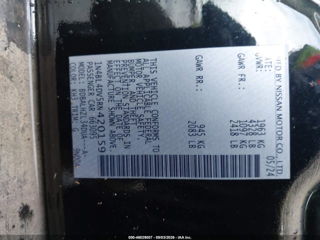 Продаж на аукціоні авто 2024 Nissan Altima Sv Fwd, vin: 1N4BL4DV5RN420159, номер лоту: 46029007