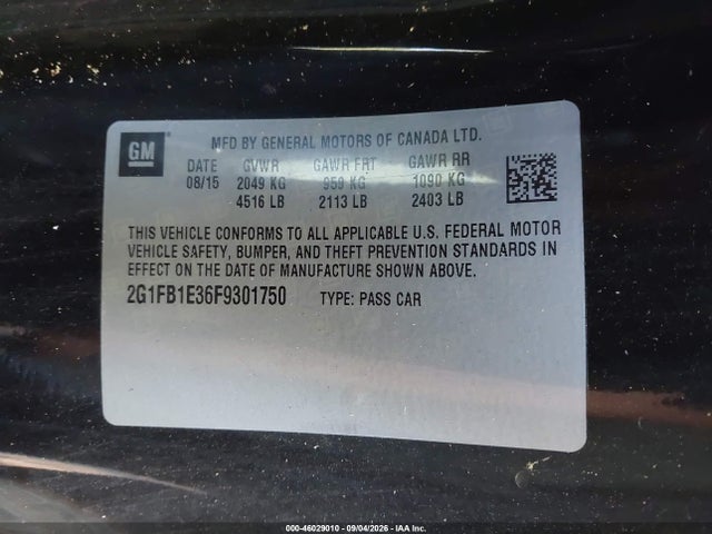 46029010 :رقم المزاد ، 2G1FB1E36F9301750 vin ، 2015 Chevrolet Camaro 2ls مزاد بيع