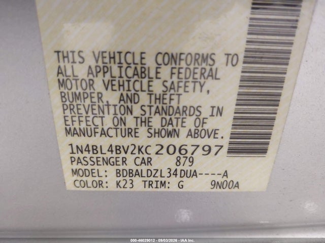 Aukcja sprzedaży 2019 Nissan Altima 2.5 S, vin: 1N4BL4BV2KC206797, numer aukcji: 46029012