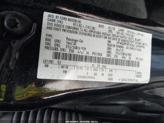 46029016 :رقم المزاد ، 1FADP3F22JL256458 vin ، 2018 Ford Focus Se مزاد بيع