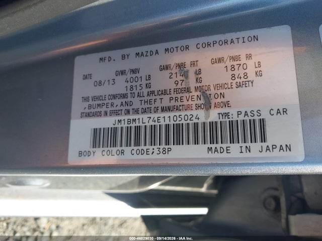 46029030 :رقم المزاد ، JM1BM1L74E1105024 vin ، 2014 Mazda Mazda3 I Touring مزاد بيع