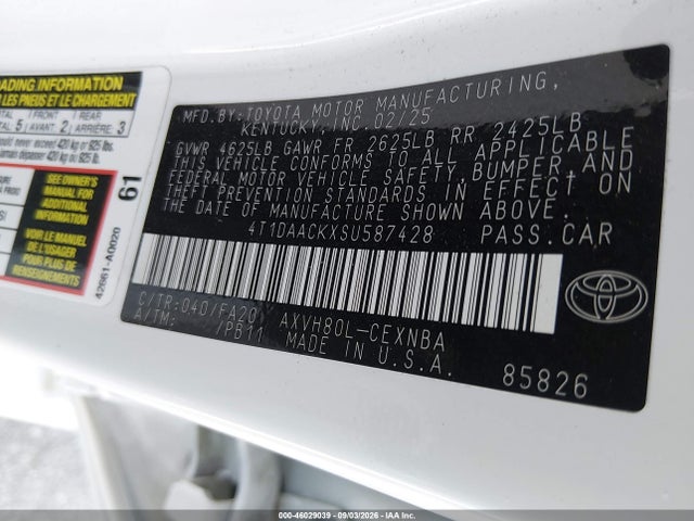 2025 Toyota Camry Le მანქანა იყიდება აუქციონზე, vin: 4T1DAACKXSU587428, აუქციონის ნომერი: 46029039