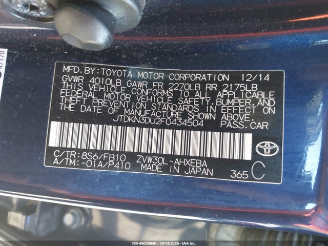Aukcja sprzedaży 2015 Toyota Prius Two, vin: JTDKN3DU2F0434504, numer aukcji: 46029040